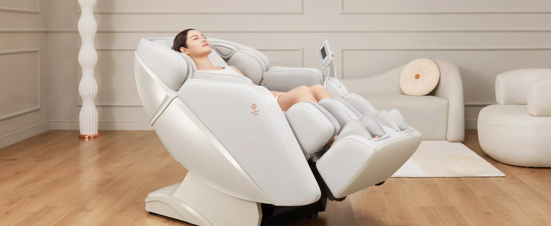 Inada iFIT PRO massage chair in white, positioned in Zero Gravity mode for maximum relaxation.