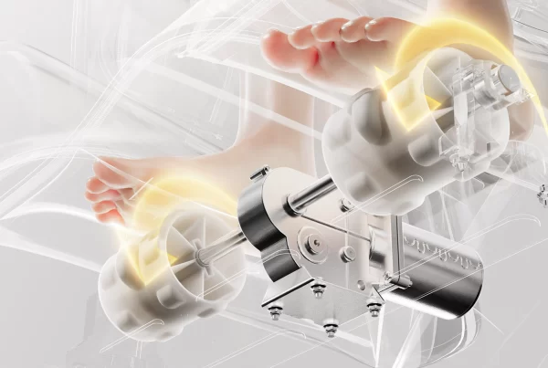 A close-up view of the Inada iFIT PRO massage robot mechanism designed for the soles.