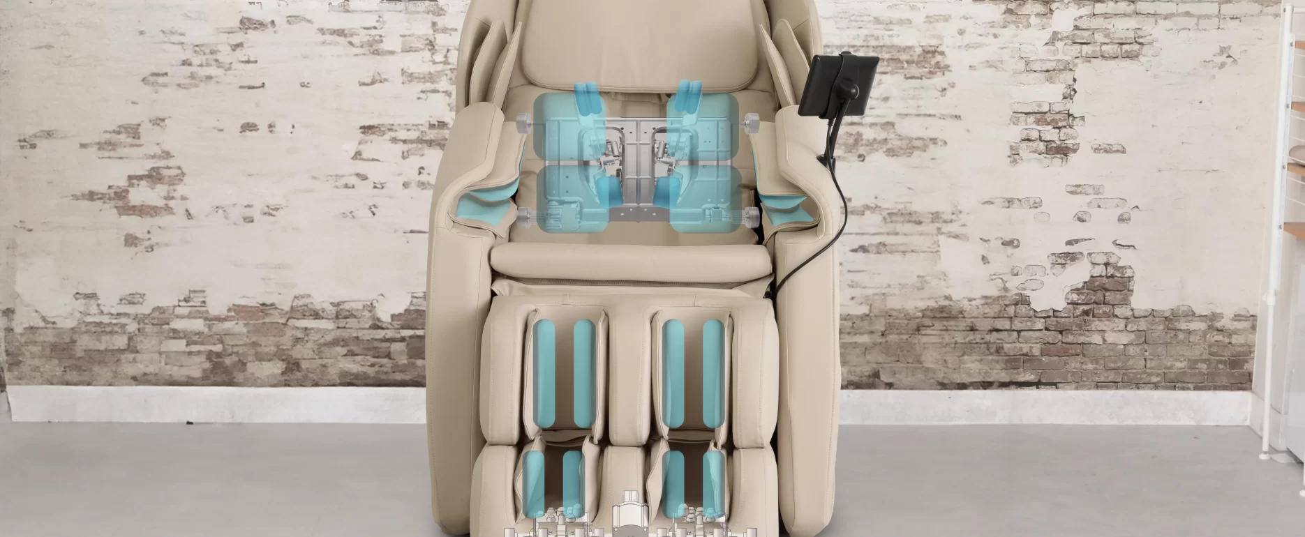 Close-up of Inada iFIT massage chair’s air cushions and motor system for precise and comfortable massage