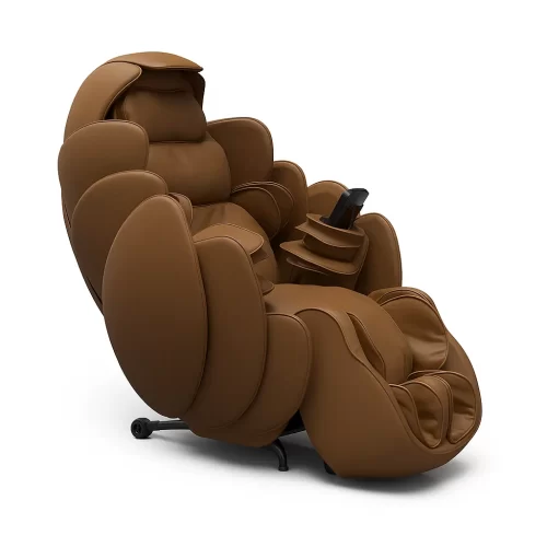 Brown iCOCOON massage chair, showcasing its premium leather upholstery and sleek design.
